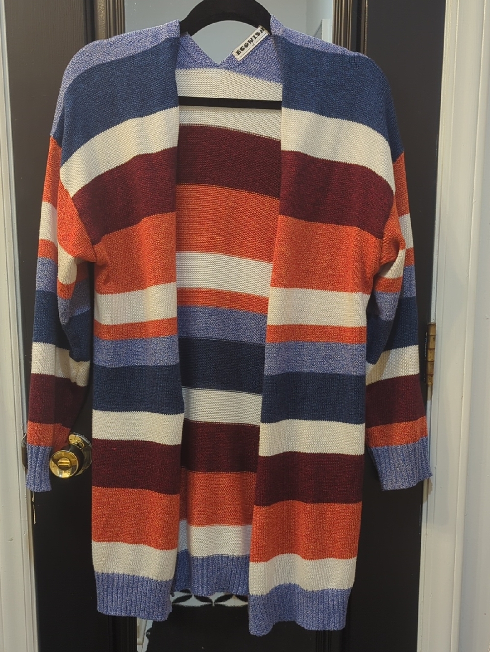Striped Open-Front Cardigan Sweater in Navy, Orange & Cream
